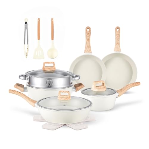 Anymark 16-Piece Non-Stick Cookware Set White - Includes Pots, Pans, Steamer & Accessories