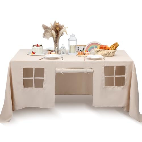 Large Kids Playhouse Tablecloth - 10ft x 7.5ft Beige Play Fort with Windows & Doors