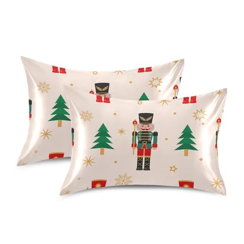 Christmas Tree Nutcracker Pillow Covers Silk Pillowcase for Hair and Skin with Envelope Closure Satin Pillowcase Standard Size Pillow Case for Sleeping Women Girls Boys Room (20x30 Inch)