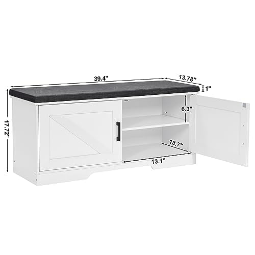 White Farmhouse Shoe Storage Bench with Barn Doors & Padded Seat Cushion – 39.4" Wide