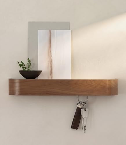 Kazai 'Toke' Walnut Wall Key Holder with Wooden Shelf, 8 Hooks, Entryway Organizer