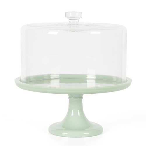Green Jadeite Cake Stand with Glass Dome - 10-Inch Vintage Pedestal Dessert Plate