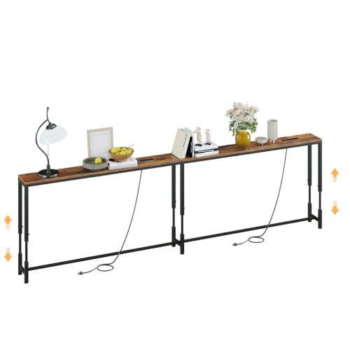 Rustic Brown 110.2" Adjustable Behind Couch Console Table with 2 Charging Stations