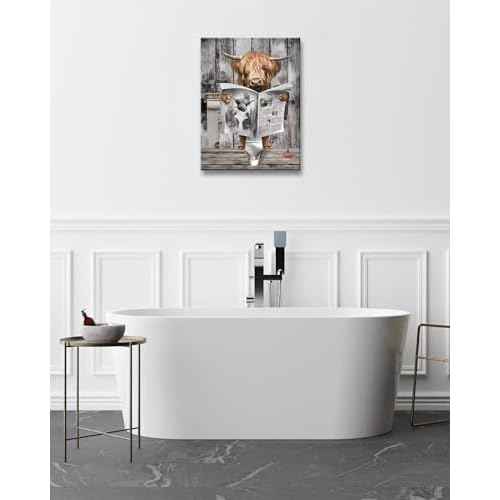 Animal Bathroom Wall Decor Highland Cow Canvas Art Farmhouse Artwork for Walls Cow Bathroom Picture Sitting in Toilet Reading Newspaper Painting Restroom Decoration