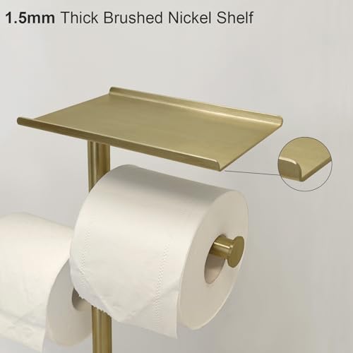Brushed Gold Toilet Paper Holder with Shelf and 2 Dispensers - Marble Base, Free Standing Bathroom Organizer