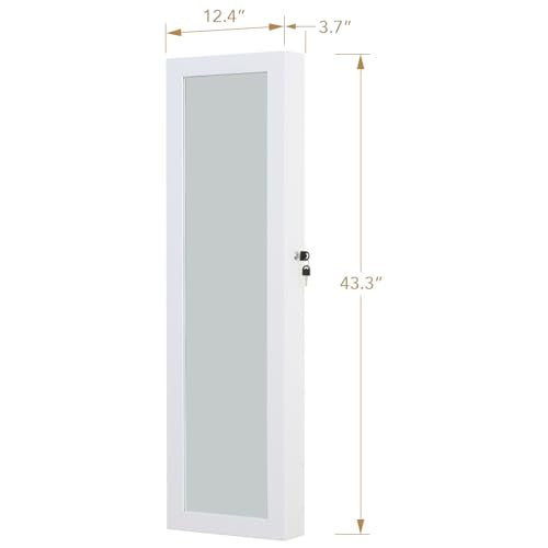 White Full Length Mirror Jewelry Cabinet Organizer with Lock & LED Lights - Off White, 43.3x12.4 Inches