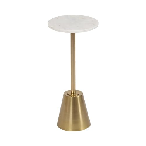 Gold Round Drink Table with White Marble Top - 10x22 Modern Glam Accent
