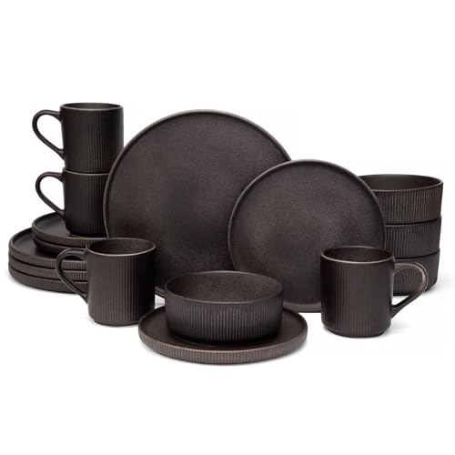 OTAGO Matte Reactive Black 16-Piece Dinnerware Set for 4 with Mugs, Stoneware Plates & Bowls