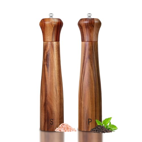 Haomacro 10-Inch Acacia Wood Salt & Pepper Grinder Set, Yellow Brown, 2 Pack