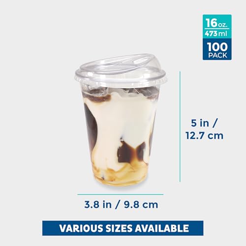 Freshware 16 oz Clear Disposable Plastic Cups with Strawless Sip Lids, 100 Pack Clear Plastic Tumblers, Heavy-duty Party Glasses, Disposable Cup for Thanksgiving, Halloween, Christmas Party