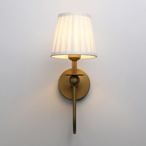 PERMO Set of 2 Brass Wall Sconces with Pleated Fabric Shades - Vintage Bathroom & Living Room Lighting