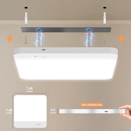 WhitePoplar Rechargeable Motion Sensor Ceiling Light 2-Pack - Wireless 400LM, Remote Control, Dimmable, Ceiling-Optimized Detection, Ultra Slim White-2 Pack