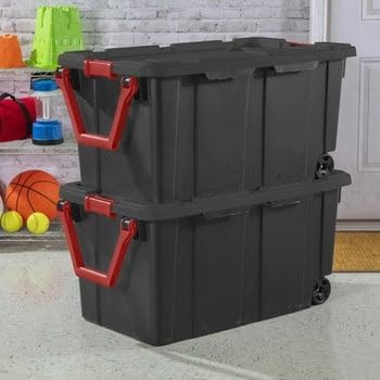 Skiennix 40 Gallon Wheeled Industrial Tote - Durable Black Plastic Storage Bin | Set of 2
