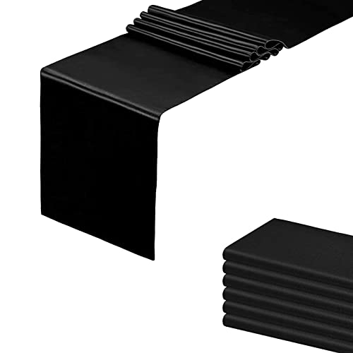 6 Pack Black Satin Table Runner 12x108 in with Scalloped Edges - HMQIANG