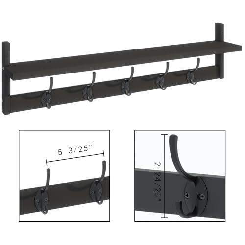 Wall-Mounted Shelf with Hooks - 28.9 Inch Entryway Hanging Storage Black - Variation of Black-28.9IN