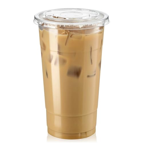 Fit Meal Prep 32 oz Disposable Clear Plastic Cups with Flat Lids 100 Pack