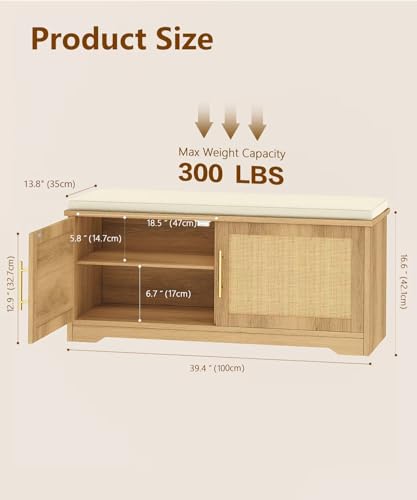 Zeibospri Rattan Shoe Storage Bench 39.4" Wide Entryway Bench with Adjustable Shelf, Natural Oak Finish, 13.8"D x 39.4"W x 17.9"H
