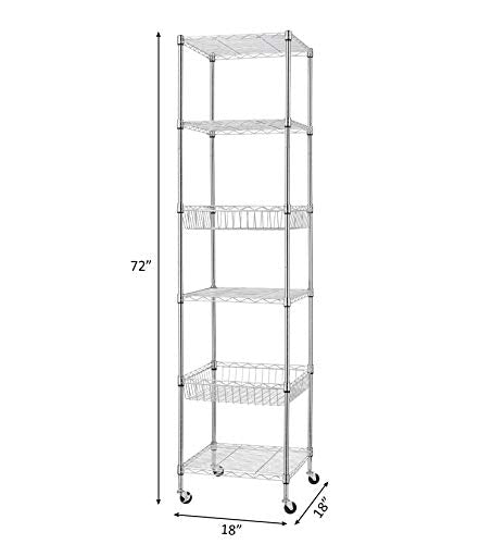 72-Inch Heavy Duty Wire Shelving Unit with Wheels - Chrome, 6-Tier Storage Rack
