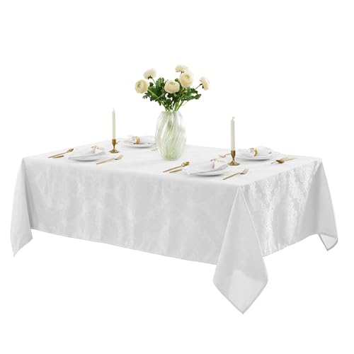 Newbridge Barcelona Damask White Tablecloth 60 x 84 Inch Rectangular - No Iron, Soil Resistant