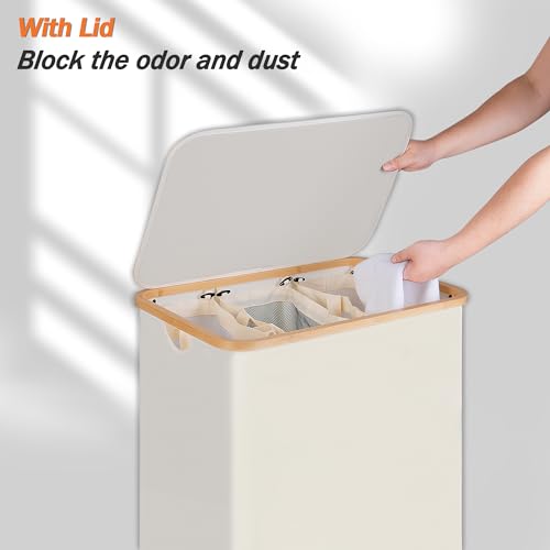 eFluky 3-Section Collapsible Laundry Hamper with Lid and Removable Mesh Bags, Large Beige
