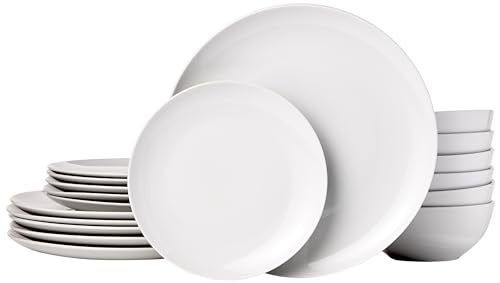 Amazon Basics 18-Piece White Porcelain Coupe Dinnerware Set for 6 - Microwave & Dishwasher Safe