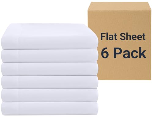 King Flat Sheets 6 Pack - White with Color-Coded Hem Threads, Hotel-Quality