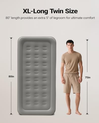 Grey Twin XL Air Mattress with Built-In Pump, 80-Inch Long, Raised Support