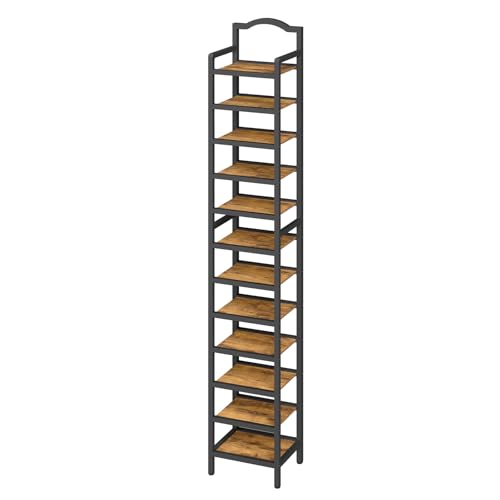 12-Tier Tall Wooden Shoe Rack - Space Saving Vertical Organizer, Rustic Brown & Black, 11x11x85.8 Inches
