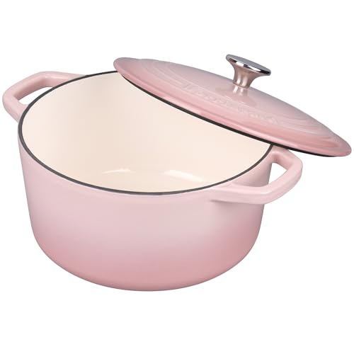 6 Qt Pink Cast Iron Dutch Oven with Lid for Bread Baking & Cooking - Sourdough Bread Supplies Set - VORRINGARD