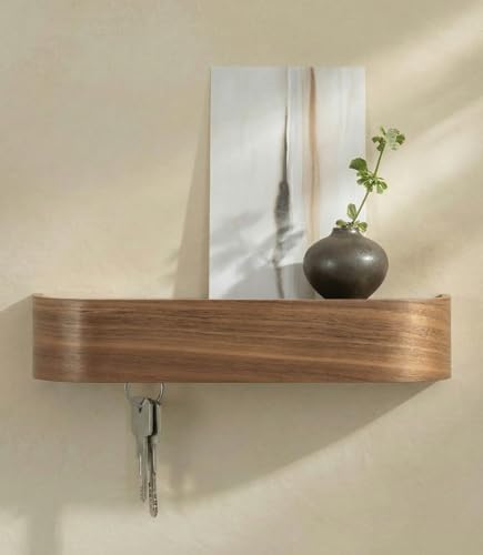 Walnut Key Holder Wall Mount with Shelf - Minimalist 6-Hook Entryway Organizer