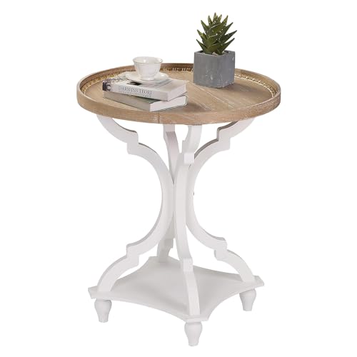 Wnutrees Farmhouse Round Accent End Table White - No Power Strip, Rustic Style