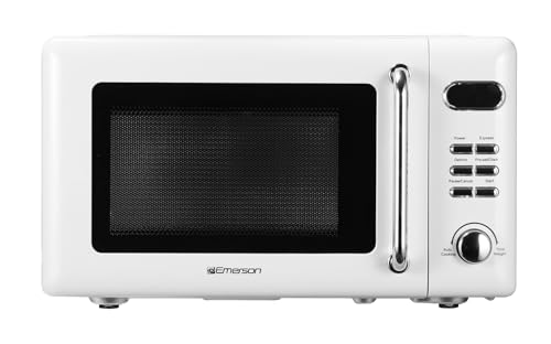 Emerson Retro White Countertop Microwave Oven 0.7 Cu Ft 700W with 5 Power Levels
