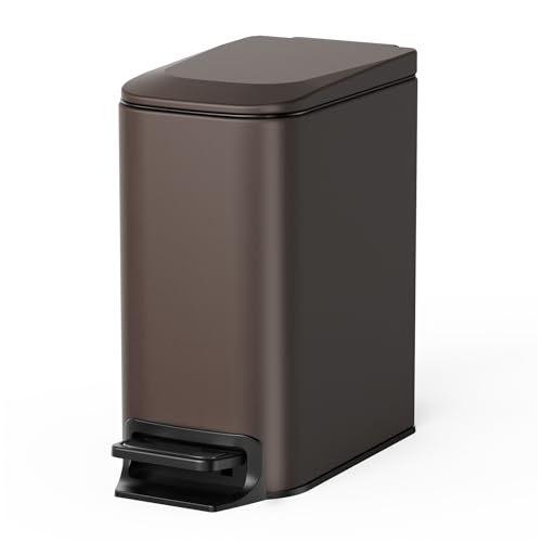 Small Bathroom Trash Can with Lid - 1.6 Gallon, Soft Close, Brown