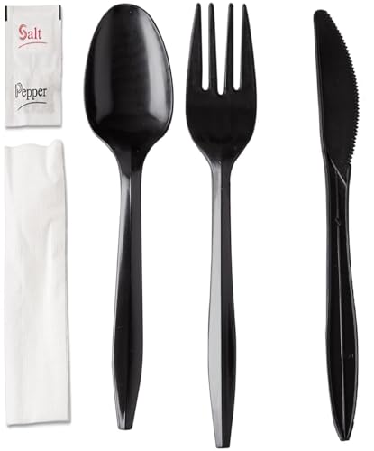 450 Pack Disposable Black Plastic Cutlery Set with Napkins & Salt & Pepper Packets - Individually Wrapped Utensil Kits for Catering and Takeout