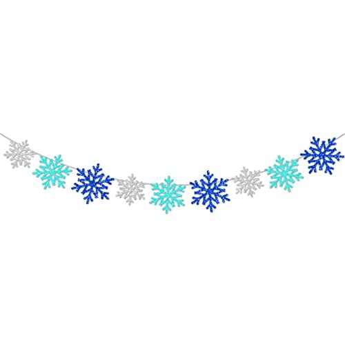 3Pcs Winter Wonderland Banners, Glittery Snowflake Banner Christmas Decorations Banners Winter Holiday Garland Photo Props Banner for Party Home Decor (Silver Blue)