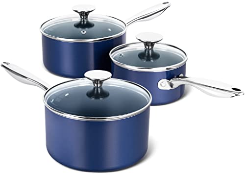 Michelangelo Blue Ceramic Saucepan Set 1Qt, 2Qt & 3Qt with Lids, Nonstick, Oven Safe