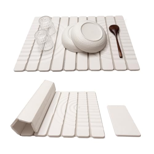 White Stone Drying Mat for Kitchen Counter - 23.62 x 15.35 Inches, Absorbent & Collapsible