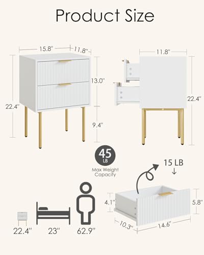 Aienvey Nightstand with 2 Drawers - White & Gold Frame, Modern Bedroom Side Table