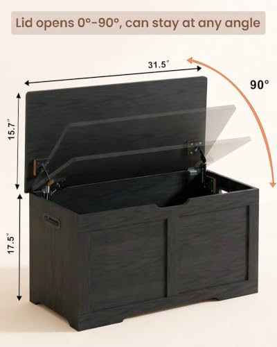 Black Timberer 31.5-Inch Wooden Storage Chest with Safety Hinges, Rustic Bench