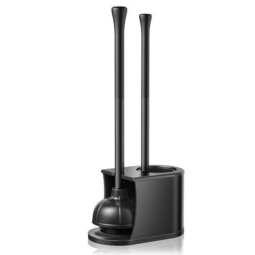 HAMITOR Black Stainless Steel Toilet Plunger and Brush Set 2-in-1 Compact Bathroom Cleaner