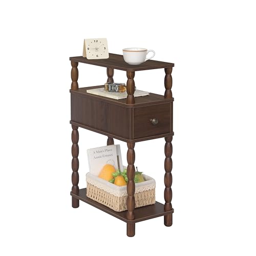 MaxSmeo Walnut Brown Narrow Side Table with Drawer - Small Nightstand for Living Room & Bedroom