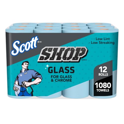 Glass & Mirror Shop Towels - 90 Towels per Roll, 12 Rolls Case, Lint-Free Cleaning