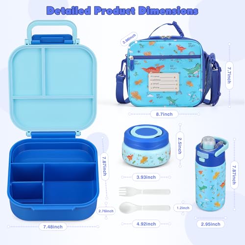 Zeekala Kids Bento Lunch Box Set with Insulated Soup Thermo & Water Bottle - Blue Dinosaur