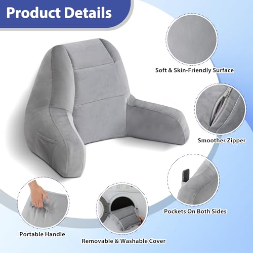 IASEAHK 18-Inch Light Grey Reading Pillow for Bed Sitting Up with Multi-Angle Support