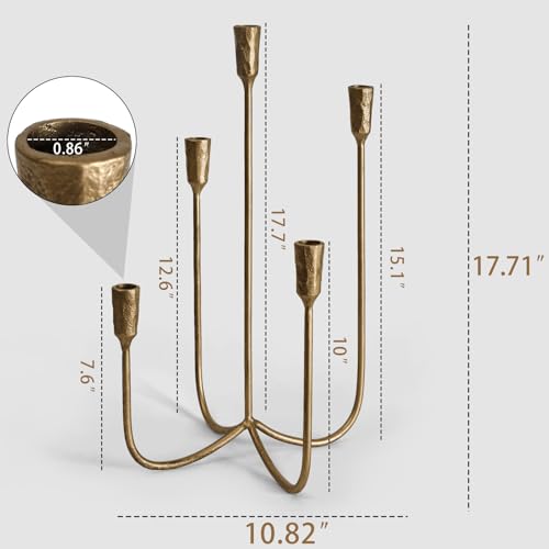 Antique Brass 5-Arm Candle Holder - 15 Inch Cast Iron Candelabra for Weddings & Home Decor