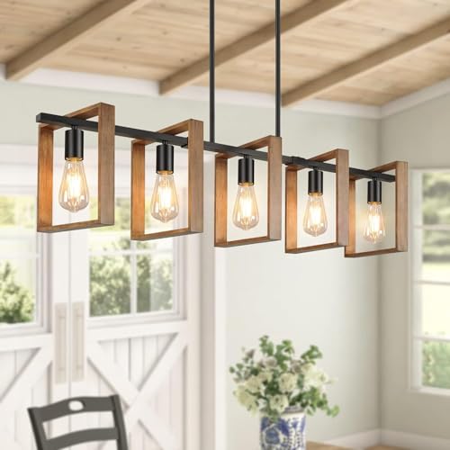 Brightever Wood Farmhouse Kitchen Island Light 5-Light Adjustable Pendant, Rustic Black Finish