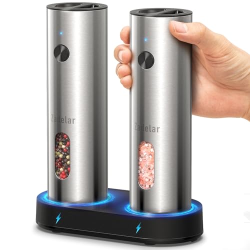 Zadelar Stainless Steel Rechargeable Electric Salt & Pepper Grinder Set with USB-C Charging, Adjustable Coarseness & LED Light