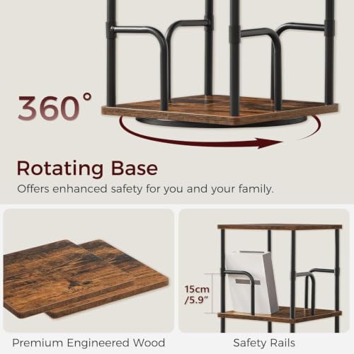 MAHANCRIS 5-Tier Rotating Corner Bookshelf - Rustic Brown & Black, Spinning Storage Rack
