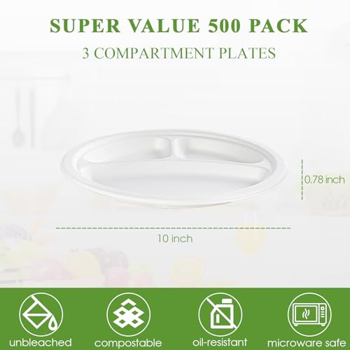 Vplus Compostable Plates 10 Inch 3-Compartment White Pack of 500 - Eco-Friendly Dinnerware