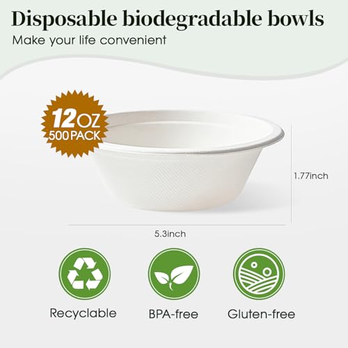 Disposable Paper Bowls 12 oz Compostable Heavy Duty 500 Pack - White